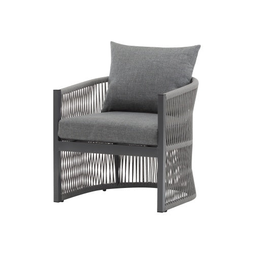 Modern Gray Curved Aluminum Lounge Chair With Stylish Rope-Weave Design And Cushioned Comfort, Perfect For Outdoor Living