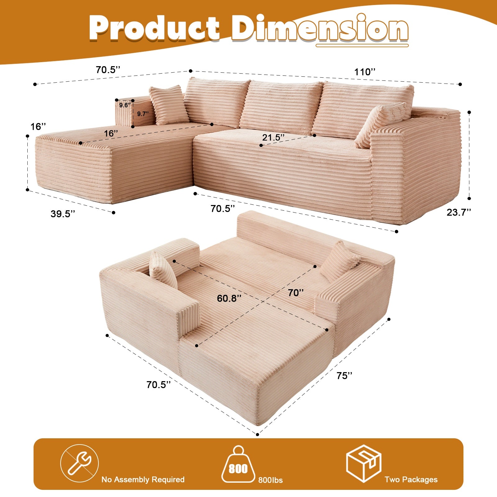 L-Shaped Compression Sofa Bed, Convertible Sectional Sofa With Pillow Back Support - Foldable Floor Couch Lounger, Corduroy Fabric Futon Sleeper For Living Room, Bedroom, Game Room