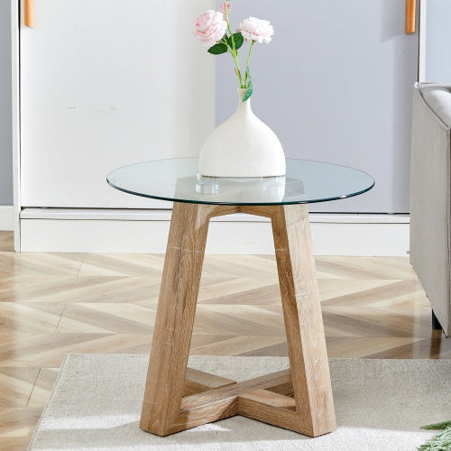 Modern And Practical Round Table. Made Of Clear Tempered Glass Top And Wood-coloured MDF Material. Suitable For Living Rooms And Bedrooms