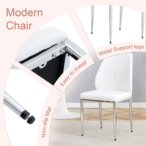 Set Of Four White PU Comfort Dining Chairs 17.7x25Dining Chair With Extended Backrest,WHITE PU,Silver Metal Legs,Suitable For Various Places Such As Family Restaurants, Hotels, Coffee Shops,etc.