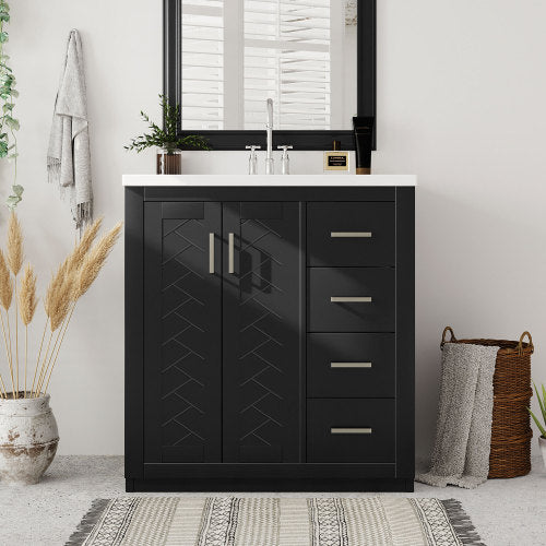 30'' Bathroom Vanity With Resin Sink Combo,Solid Wood Frame Bathroom Storage Cabinet, Freestanding Vanity Set With 3 Drawers& Soft Closing Doors