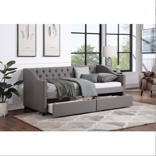 Upholstered Twin Size Daybed With Two Drawers, Wood Slat Support, Gray