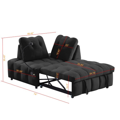 Modern Sofa Velvet Pull-out Bed,Independently Removable Backrest, Have USB Port And Swivel Phone Stand ,black