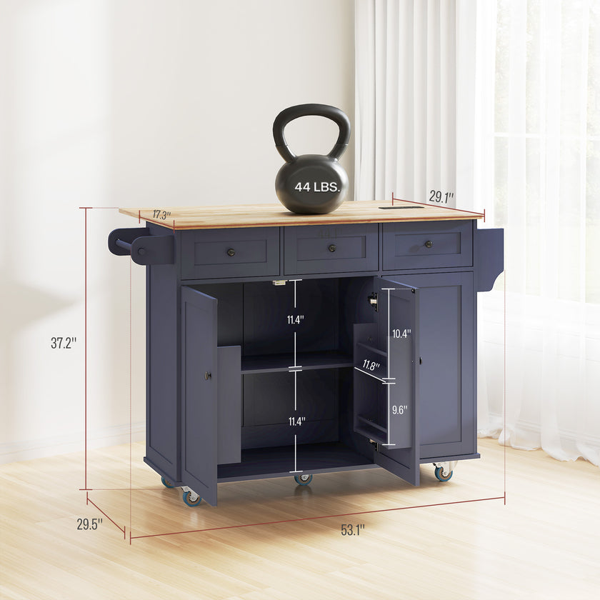 Kitchen Island On Wheels With Drop Leaf, Charging Station, Rolling Kitchen Cart With Wood Top, Adjustable Shelf, Blue