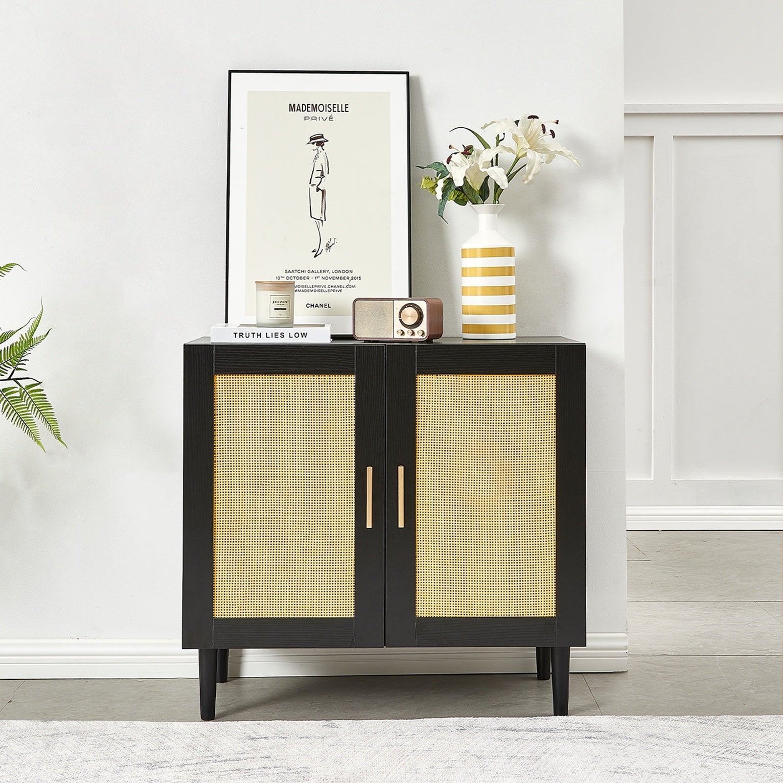 Side Panel Buffet Cabinet With Natural Rattan Door, Rattan Storage Cabinet With Adjustable Shelves,