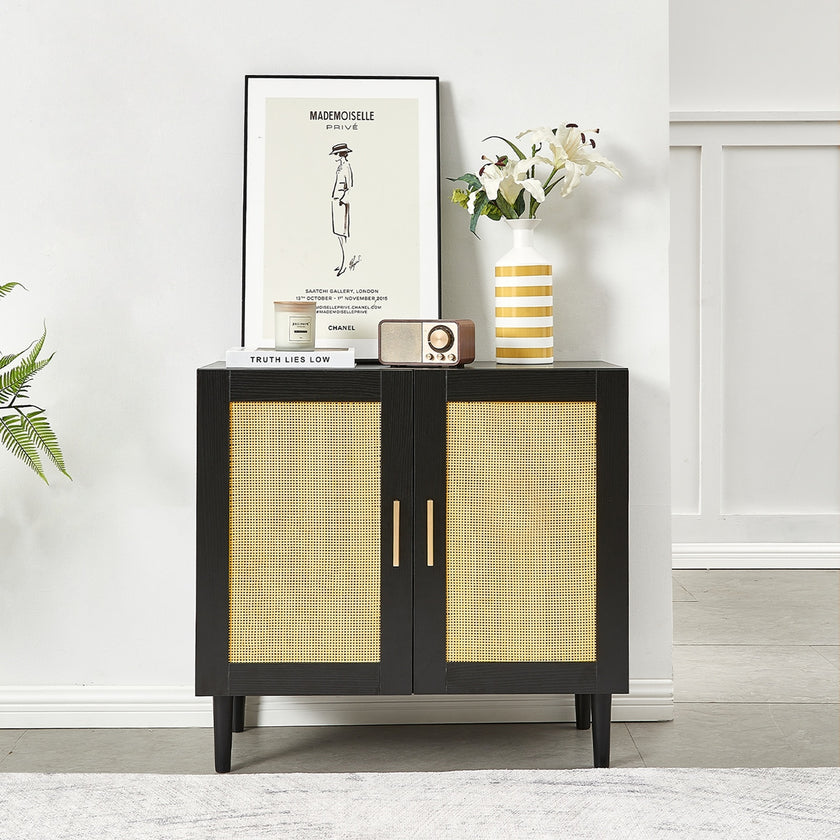 Side Panel Buffet Cabinet With Natural Rattan Door, Rattan Storage Cabinet With Adjustable Shelves,