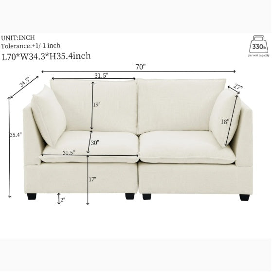 Modern Chenille Comfy Upholstered 2-Seat Sofa With 2 Lumbar Pillow, Deep Seat Sofa Sleeper For Living Room, Apartment, Office, Studio Beige White, 2-Seat