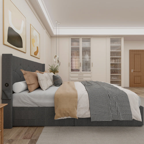 Full Size Bed Frame With Gas Lift Storage Bed With Modern Wingback Headboard, USB
