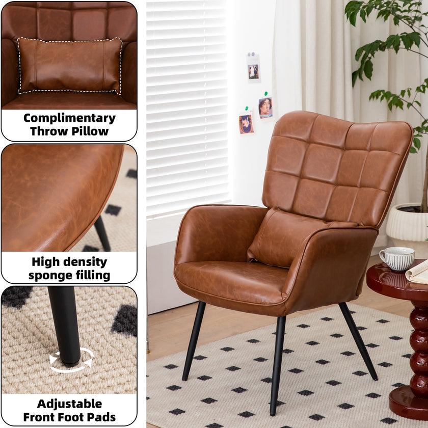 Bonded Leather Armchair, Modern High Back Accent Chair With Metal Legs