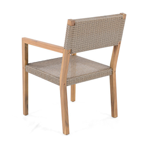 Outdoor Dining Chairs Set Of 2, Light Teak Acacia Wood Frame And Multi Light Brown PE Wicker, Ideal For Patios, Gardens