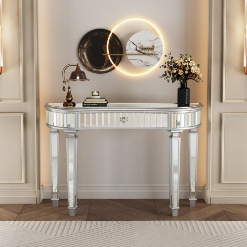 47 Half  Moon Mirrored Console Table With Fluted Glass  Crystal Knob Drawer  Silver Entryway Vanity Desk For BedroomDressing RoomGold Sliver