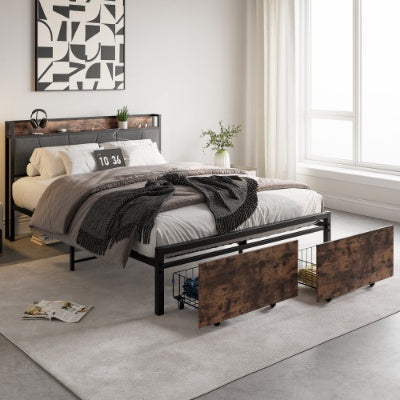 Queen Size Bed Frame, Storage Headboard With Charging Station And 2 Drawers, Solid And Stable, No Box Spring Needed, Easy Assembly, Vintage Brown And Gray