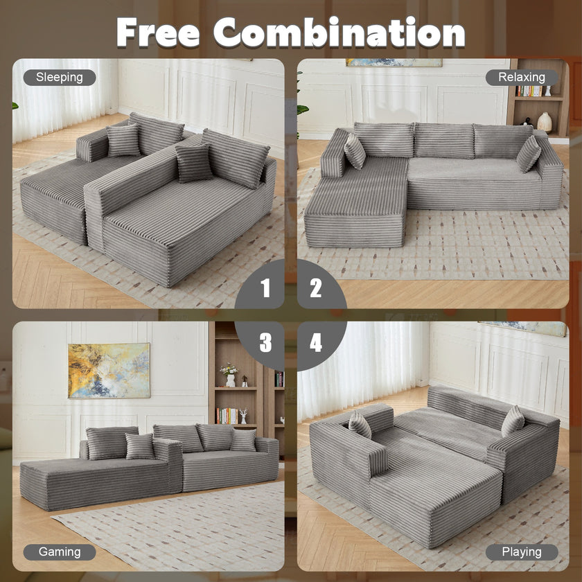 L-Shaped Compression Sofa Bed With Corduroy Fabric - Convertible Sectional Sofa, Foldable Floor Couch Sleeper, Space-Saving Flannel-Like Lounge For Small Apartments, Living Room & Game Room NO TUME