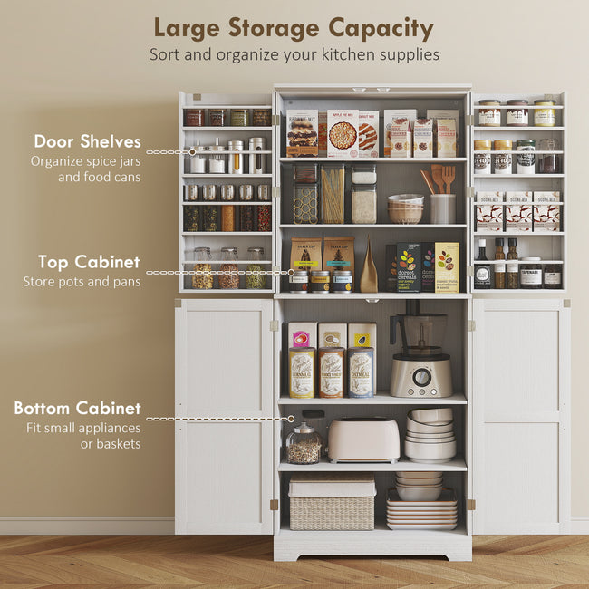 Farmhouse Kitchen Pantry, 72 Tall Pantry Cabinet With 4 Barn Doors, 4 Adjustable Shelves And 8 Door Shelves, White