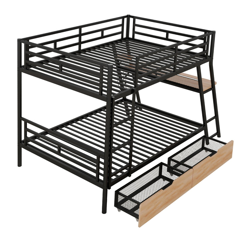 Full Size Metal Bunk Bed With Built-in Desk, Light And 2 Drawers, Black