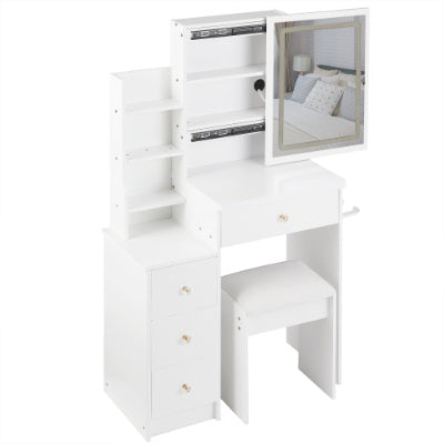 29.2 Small Size Left Bedside Cabinet Vanity Table   Cushioned Stool, 2 AC  2 USB Power Station, Hair Dryer Bracket  Extra Large Touch Control Sliding LED Mirror, Tri Color Switching, Brightness Adjust