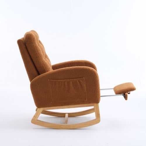 LY-5104 Caramel Accent Rocking Chair With Footrest High Back Rubber Wood Rocking Legs Bedroom Living Space 26.77D X 38.36W X 39.76H Inch
