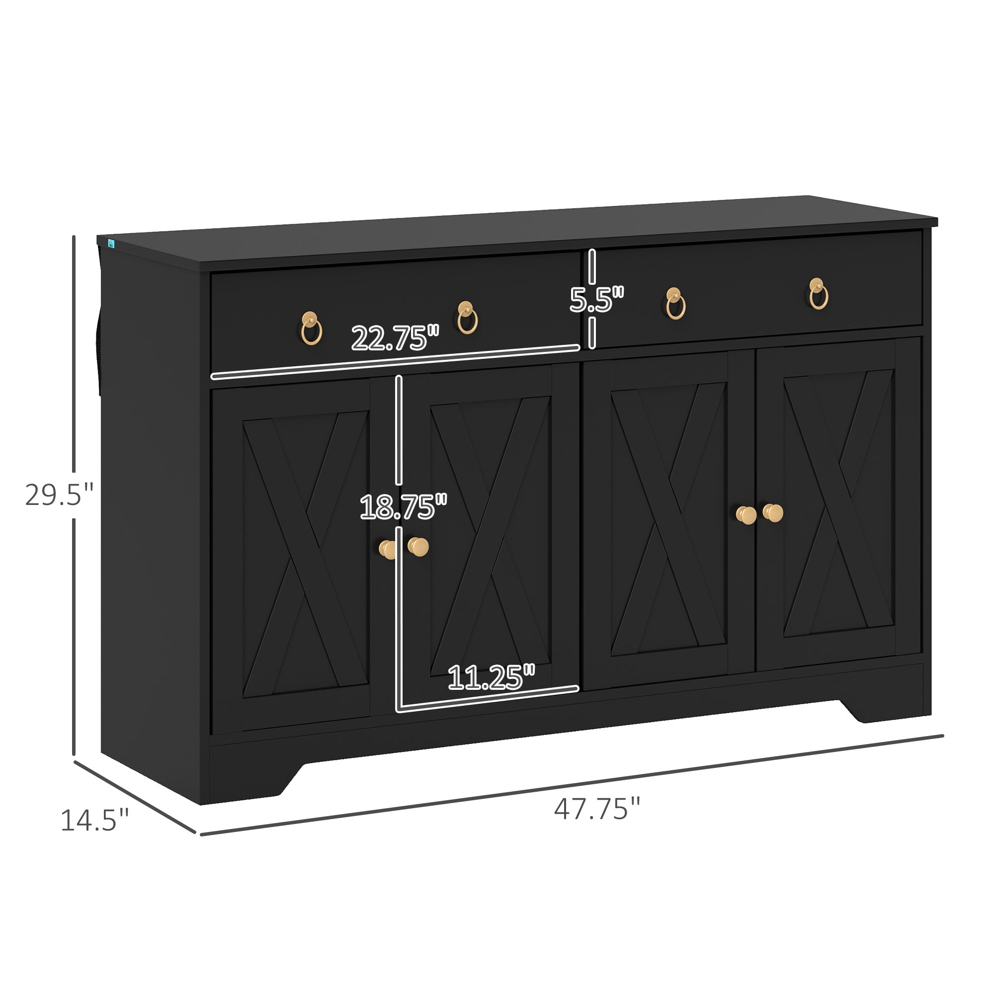 Kitchen Storage Sideboard, Farmhouse Buffet Cabinet With Barn Style Doors, Drawers, Adjustable Shelves, Black