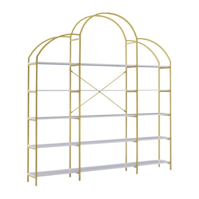 74.8 Inch 5 Tiers Office Bookcase Bookshelf, Display Shelf With Round Top, X Bar Gold Frame