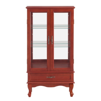 Lighted Glass Cabinet Glass Wine Cabinet Curio Display Cabinet With Adjustable Glass Shelves 2 Doors And 1 Drawer Cabinet Bulb Included OAK
