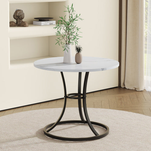 A Modern Minimalist Circular Table With A Diameter Of 33.3 Inches, An Elegant And Practical Choice.White Marble Textured Pattern Desktop, Paired With Uniquely Shaped Metal Leg.