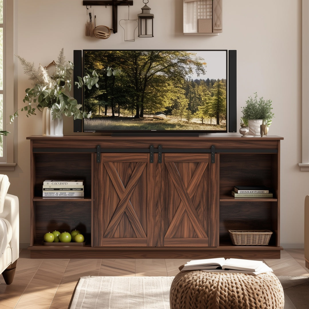 65-inch Solid Wood TV Cabinet With Double-layer Storage Space Sliding Door, Modern Living Room Furniture