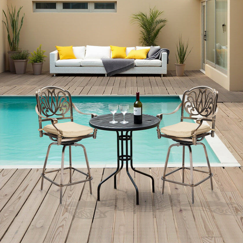 2pcs Bronze Color, Beige Cushion, Cast Aluminum Bar Stool