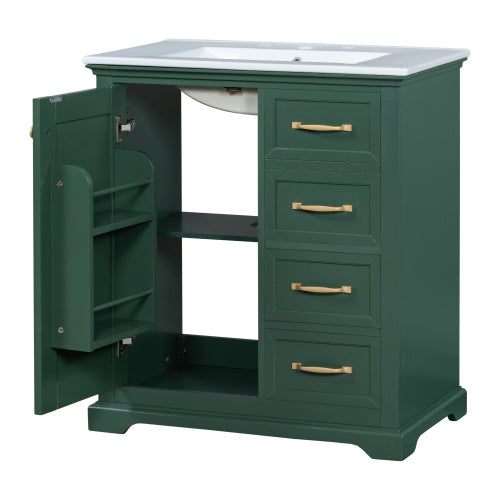 30 Bathroom Vanity With Sink, One Package, Green Bathroom Cabinet With Drawers, Solid Frame And MDF Board