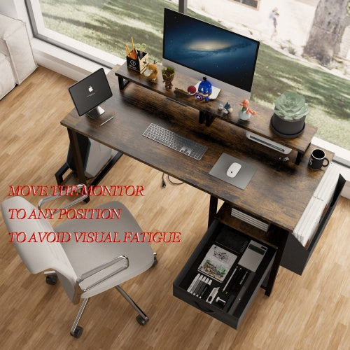 Computer Desk With Drawer And Power Outlets, 47 Office Desk With 2 Monitor Stands And Fabric File Cabinet, Writing Gaming Table With Shelves And Hooks For Home Office, Rustic Brown