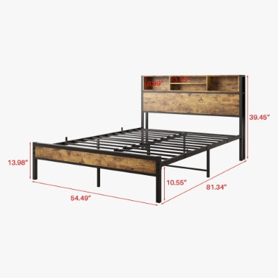 Full Size Bed Frame With Storage Headboard, Metal Platform Bed With Charging Station, Bookcase Storage, No Box Spring Needed, Easy Assembly, Noise-Free, Black