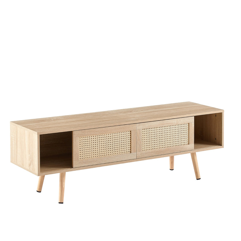 55.12  Rattan TV Cabinet With Sliding Doors  Adjustable Shelf   Solid Wood Legs