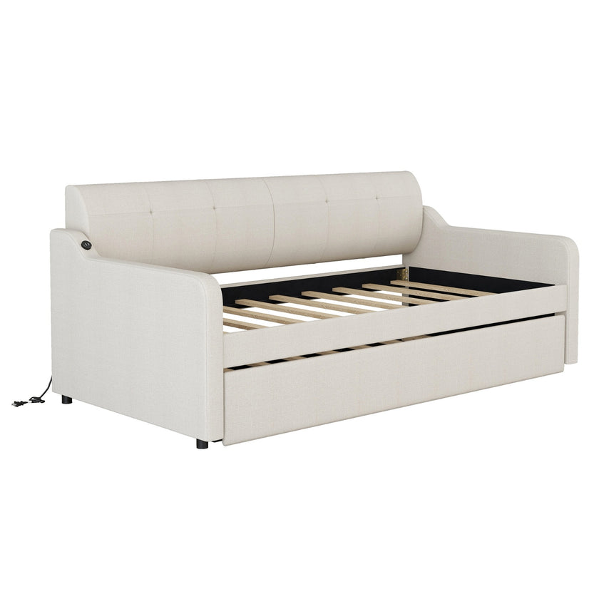 Twin Upholstered Daybed W  Trundle & USB Charging, Adjustable, Beige
