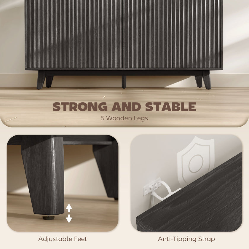 Fluted Sideboard Buffet Cabinet, 55 Coffee Bar Cabinet With 4 Doors, 2 Adjustable Shelves, 5 Wood Legs, Dark Gray