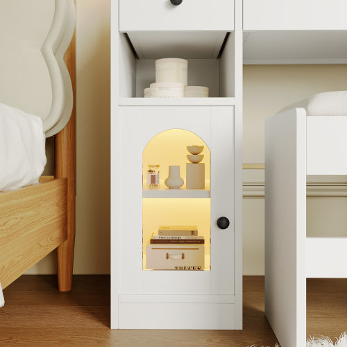 43.2 Vanity Desk With LED Mirror And Lights, Glass Top Vanity With RGB Glass Light Cabinets, Dressing Table With 5 Drawers ,Storage Shelves And Stool For Bedroom, White