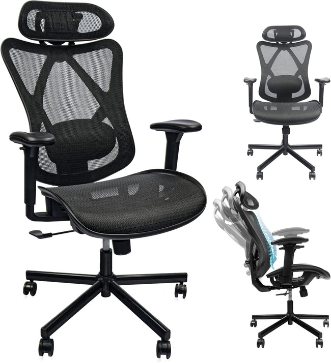 Mesh Office Chair,Ergonomic Office Chairs With Wheels,Adjustable Lumbar Support,Armrest,Headrest-Tilt High Back Desk Chair With Mute Wheel For Office, Home, Gaming