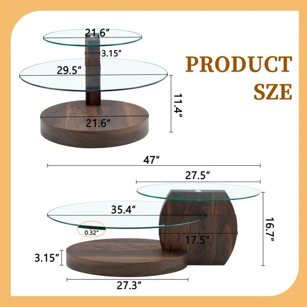 Modern Walnut Grain Double Layer Coffee Table - Versatile Design, Multiple Colors Available.Density Board Sticker,Reinforced Glass,Oval Countertop.