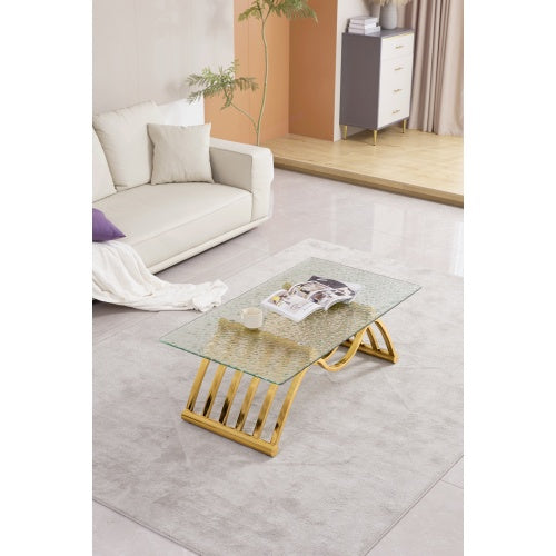 47 Rectangle Modern Stainless Steel Coffee Table, Water Ripple Tempered Glass Coffee Table, Center Table, For Living Room Home Office, Easy Assembly, Gold