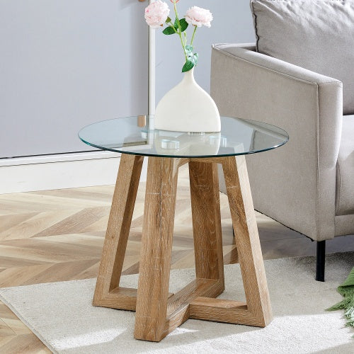 Modern And Practical Round Table. Made Of Clear Tempered Glass Top And Wood-coloured MDF Material. Suitable For Living Rooms And Bedrooms