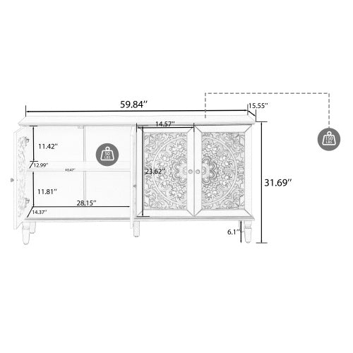 60 Antique Buffet Cabinet With Floral Carvings With Solid Wood Legs&Antique Brass Handles&Adjustable Shelves, TV Stand For 65'' TV, Sideboard For Living Room,Dining Room