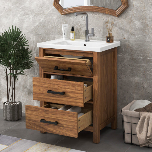 24'' Bathroom Vanity With Ceramic Basin Sink, Modern Bathroom Storage Cabinet With 3 Drawers, Freestanding Bathroom Vanity Cabinet With Single Sink