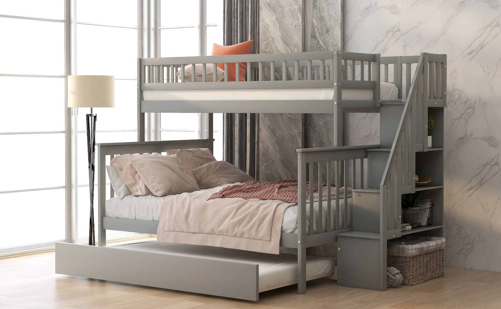 Twin Over Full Bunk Bed With Trundle And Staircase,Gray