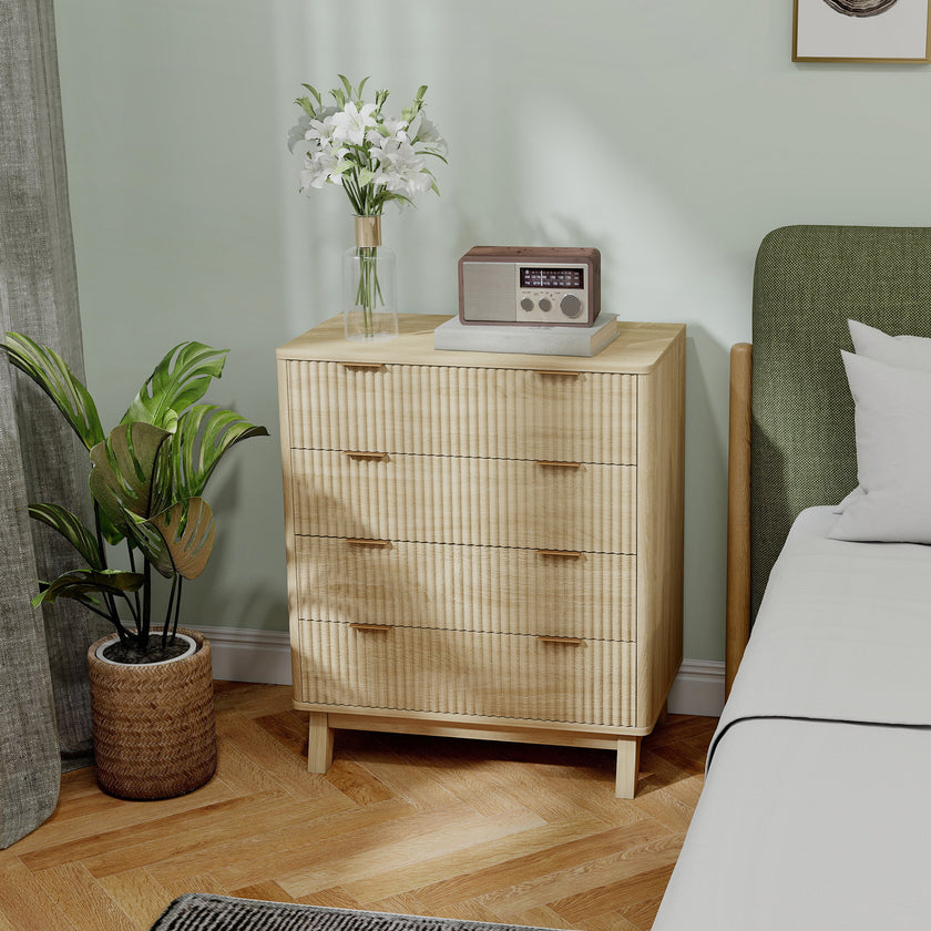4 Drawer Double Dresser For Bedroom, Fluted Chest Of Drawers With Gold Finger Pulls And 4 Wood Legs, Natural Wood