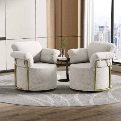 360 Degree Barrel Swivel Accent Sofa Chair,Fluffy Fabric Lounge Wide Upholstered Reading Chair With Gold Metal Legs, Comfortable Round Armchair For Living Room,Bedroom,Office