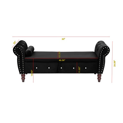 63.38Velvet Multifunctional Storage Rectangular Ottoman Bench Comes With Crystal Buckle Solid Wood Legs With 1 Pillow