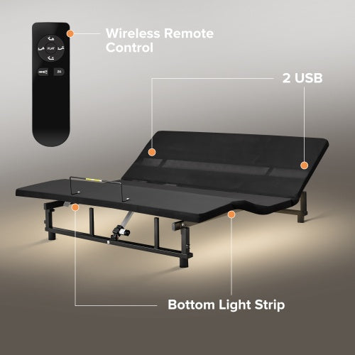 Adjustable Bed Base Frame Head And Foot Incline Quiet Motor King Size Zero Gravity, 4 Ports USB, Under-Bed Nightlight