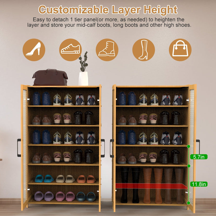 1Pc 6Tier Shoe Cabinet With Bamboo Shoe Rack Freestanding Shoe Organizer With 2 Hollow Doors And Handles 154lbs Max Load For Closet Hallway Living Room