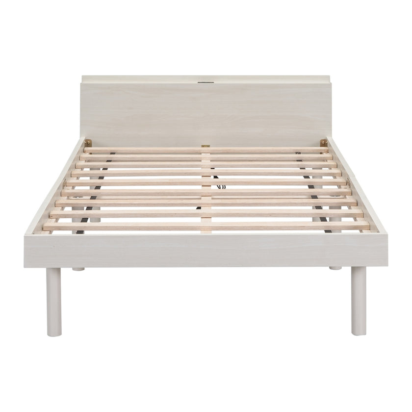 Modern Twin Platform Bed Frame With USB Ports, White Washed Color