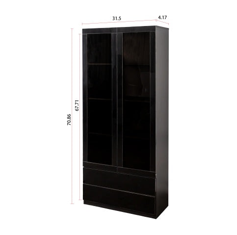 Display Cabinet With Glass Doors, Curio Storage Cabinet With 2-Drawer, Bookcase With LED Lights, Black