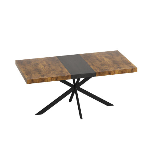 Retro Rectangular Stretch Dining Table, Antique Wood Top And Black Relief Plate, Black Fine Sand Cross Iron Foot Base Dining Table, With Storage Box