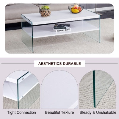 Double Rectangular Coffee Table. The Board Surface Is MDF, With White Stickers, And Both Sides Are Transparent Tempered Glass. Suitable For Living Room, Bedroom And Other Occasions